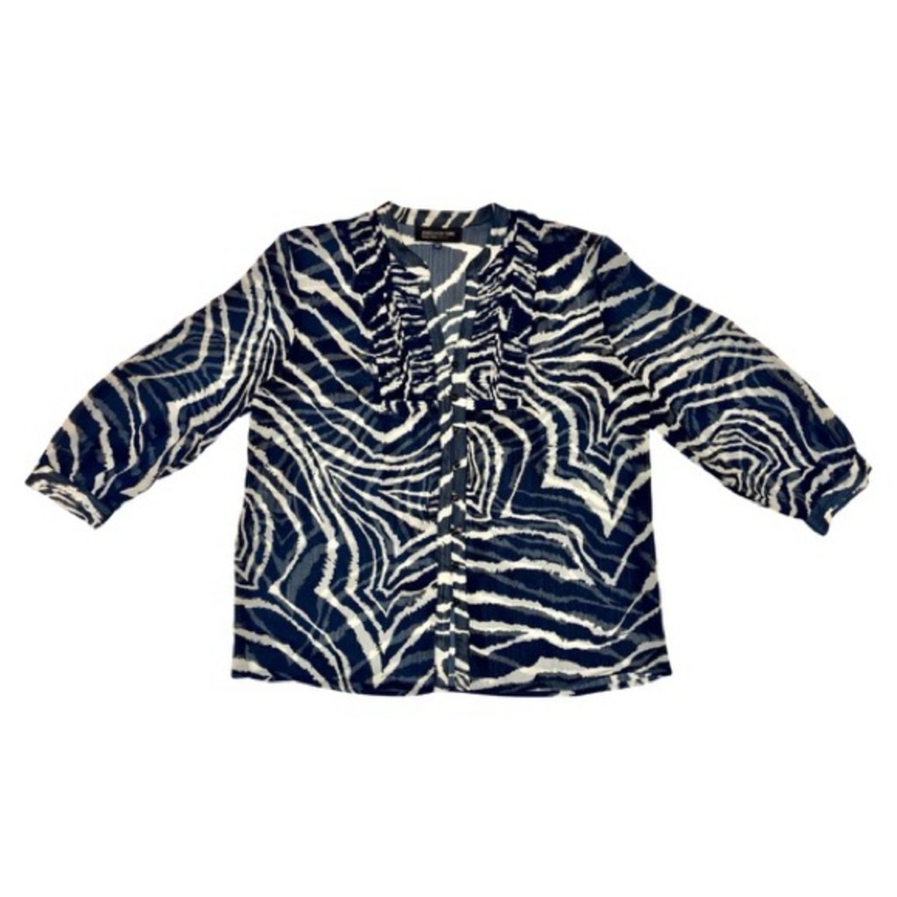 JONES NEW YORK SIGNATURE PETITE SHEER NAVY BLUE /WHITE ZEBRA PRINT V-NECK BLOUSE